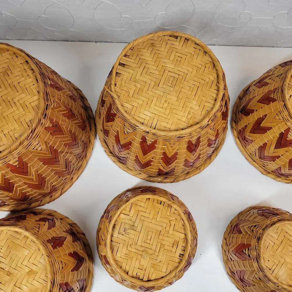 6 VTG Nesting Wicker Baskets Tan Brown Woven Chevron Boho Baskets Cottage Core